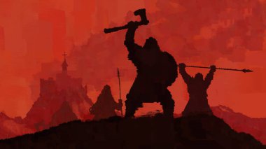 Vikingler kazandı. Savaşçılar kanlı bir gökyüzünün arka planında bir kayanın üzerinde dururlar. Arka planda bir kale yanıyor. 2B illüstrasyon