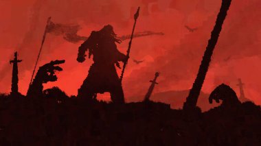 Savaş sona erdi. Son kalan Viking 'in etrafını saran yenilmiş savaşçılar kanlı gökyüzüne karşı mızrakla ayakta duruyorlardı. Silah yere saplanıp kaldı. Duman gökyüzüne yükseliyor. 2B illüstrasyon. 