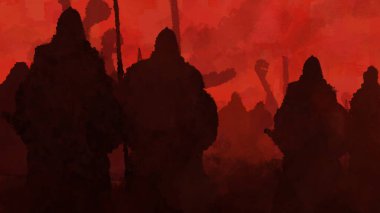 Vikingler kalkanlar, mızraklar ve baltalarla kıyıya indi, savaşa hazırdılar. Arka planda kanlı bir gökyüzü var. 2B illüstrasyon