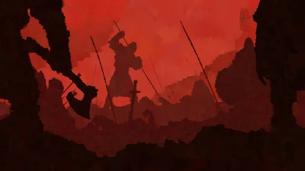 Vége Csatának Vikingek Sebesült Harcosokat Ölnek Véres Hátterében Illusztráció — Stock Fotó