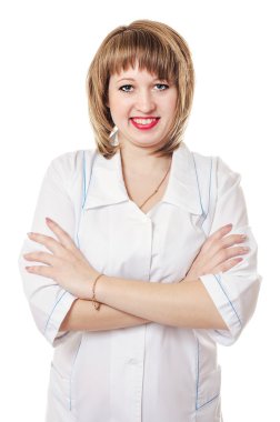 Kadın beyaz bir sabahlık doktor