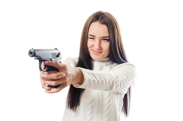 La mujer dispara desde la pistola — Foto de Stock