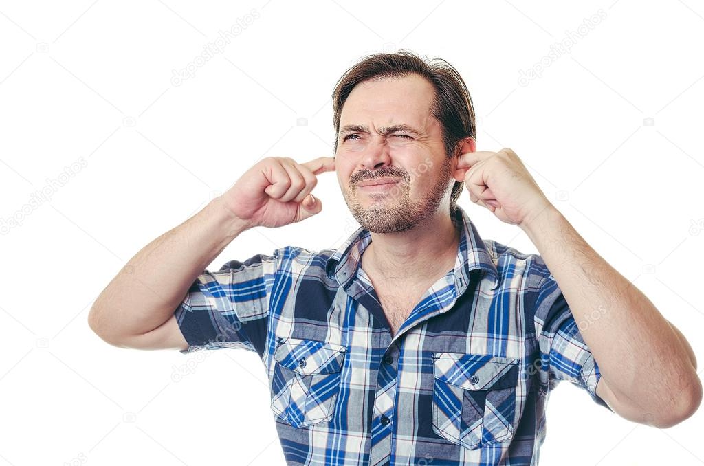 Men closes fingers ears