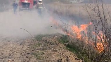 URYUPINSK. RUSSIA - APRIL 13, 2016. Firefighters extinguish a large fire
