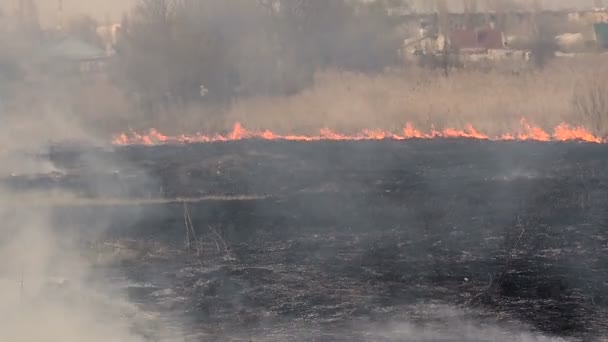 URYUPINSK. RÚSSIA - 13 de abril de 2016. Queimaduras de fogo pesado com fumaça preta — Vídeo de Stock