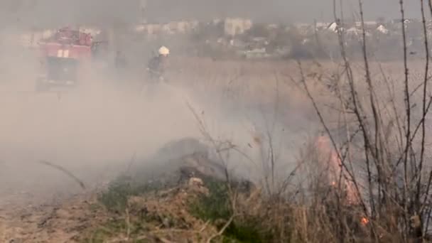 URYUPINSK. RUSSIA - APRIL 13, 2016. Firefighters extinguish a large fire — Wideo stockowe