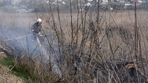 URYUPINSK. RUSSIA - APRIL 13, 2016. Firefighters extinguish a large fire — Stock Video