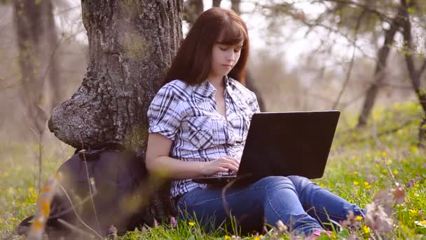 Vrouw vergadering rusten op een computer — Stockvideo