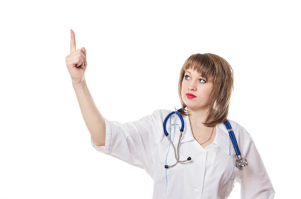 Woman doctor with a stethoscope shows thumb up — Stock Photo, Image