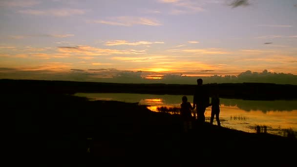 Enfants avec père tourbillonnant sur le rivage au coucher du soleil — Video