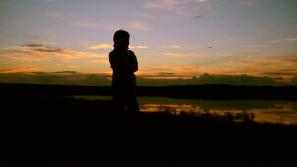 Girl talking on phone by the water at sunset — Stock Video