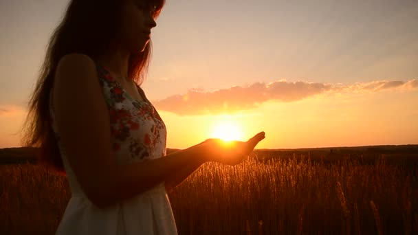 A lány a kezében tartja a a nap — Stock videók