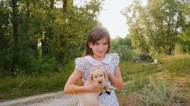 Fille repasse un chiot sur les mains — Video