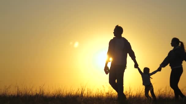 幸せな家族のシルエット手をつないで歩いて日没時に畑を歩く。子供はママとパパの手を握ってる。幸せな小さな子供と両親は美しい太陽の光の中を歩き休暇で旅行する. — ストック動画