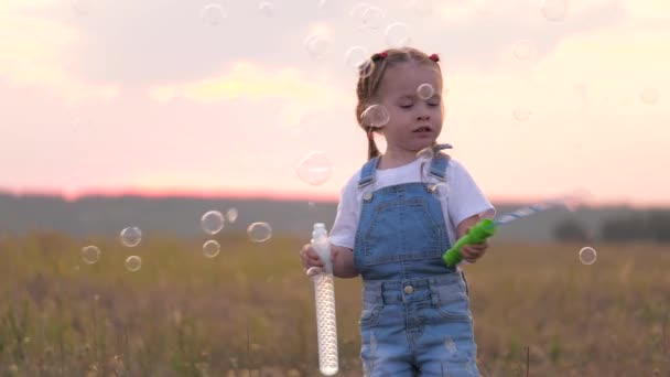 Здорова дитина грає в парку з мильними бульбашками. дитина радіє повітряним бульбашкам. дочка грає в парку на заході сонця. Щаслива концепція сім'ї та дитинства. мильні бульбашки на полі, дитячий день народження — стокове відео