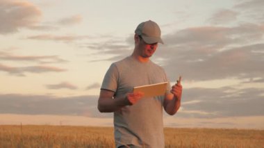 Çiftçi buğday tarlasında tablet bilgisayarla çalışıyor. Tarlada buğday hasadını inceleyen tabletli bir tarım uzmanı. İş adamı tahıl hasadını analiz ediyor. tahıl hasatı Zirai işler. ekolojik olarak