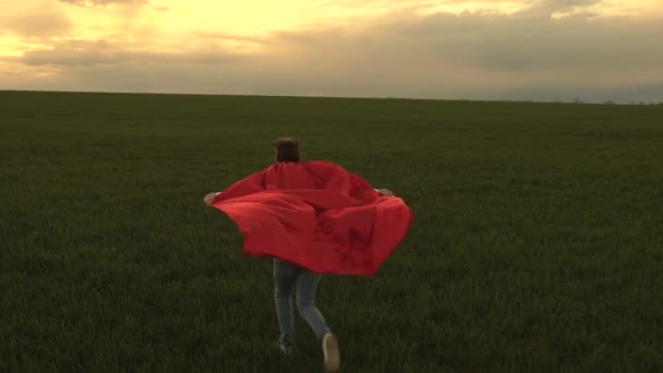 Una chica con un impermeable rojo. chica feliz jugando superhéroe, corriendo a través de un campo verde en impermeable rojo, el impermeable revoloteando en el viento. niño huye. En cámara lenta. adolescentes sueña con convertirse en superhéroe. — Vídeos de Stock