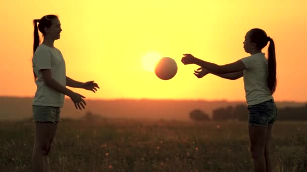 Šťastné zdravé děti, které si při západu slunce hrají s míčem na zelené louce. dospívající dívky házet míč na sebe v teplém slunci. šťastný rodinný a dětský koncept. Veselé rodinné kempování v létě — Stock video