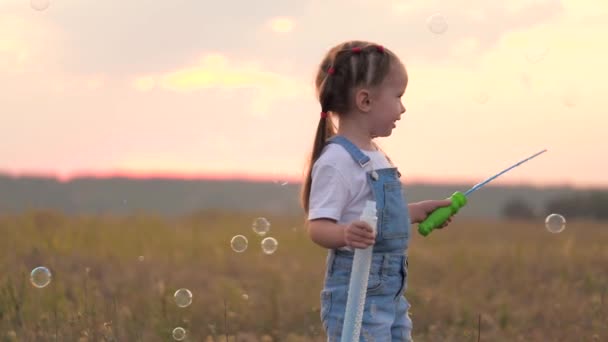 Zeepbellen op het veld, kinderen jarig. gezond kind speelt in het park met zeepbellen. baby verheugt zich in luchtbellen. dochter speelt in het park bij zonsondergang. Gelukkige familie en kind concept. — Stockvideo