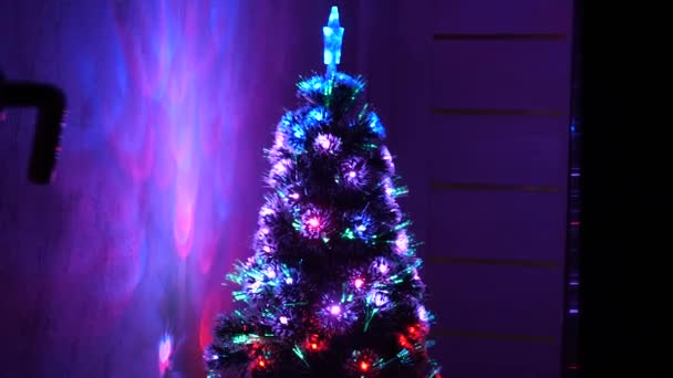 Karácsonyfa, boldog ünnepeket. Karácsonyi belső. gyönyörű karácsonyfa a szobában, díszített egy fényes koszorú és egy csillag. nyaralás gyermekek és felnőttek számára. Új év 2020 hangulat. — Stock videók