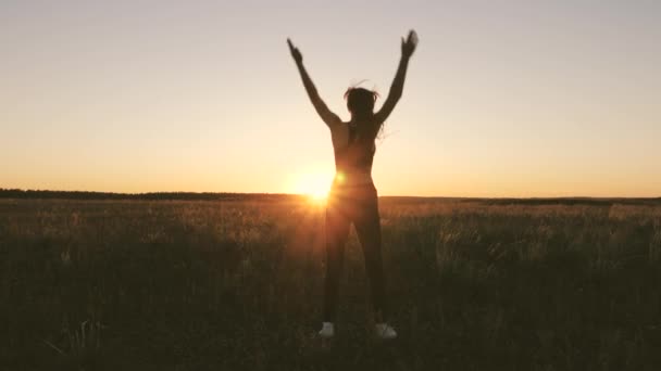 En frisk vacker flicka är engagerad i fitness, utanför staden i solen. träning och uppvärmning i frisk luft. Gratis ung kvinna går in för sport i sommarparken vid solnedgången. flicka andas frisk luft på fältet. — Stockvideo