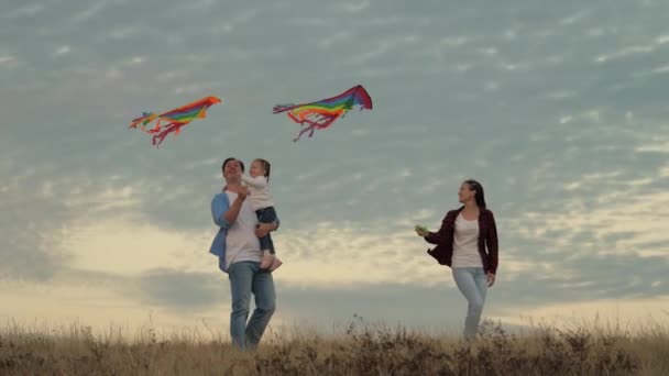 Baba ve kızları renkli kağıt uçakları gökyüzüne fırlatıyorlar. Baba ve çocuklar parkta uçurtmalarla oynuyorlar. Küçük kız neşeyle uçurtmayı eliyle yakalıyor. Açık hava aile oyunu — Stok video