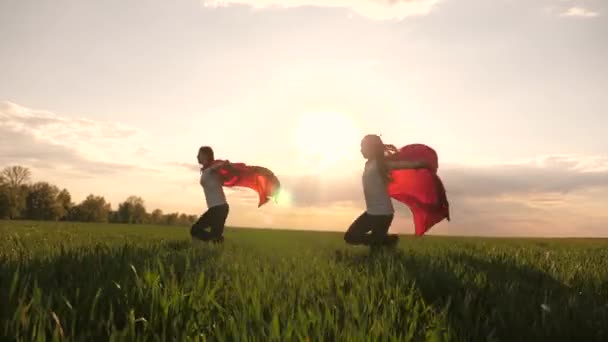 A boldog lányok szuperhősöket játszanak, átfutnak a zöld mezőn vörös köpenyben, köpenyben röpködnek a szélben. Gyerekjátékok és álmok. Lassú mozgás. tinédzser álmok arról, hogy szuperhős legyen. Fiatal lányok piros köpenyben — Stock videók