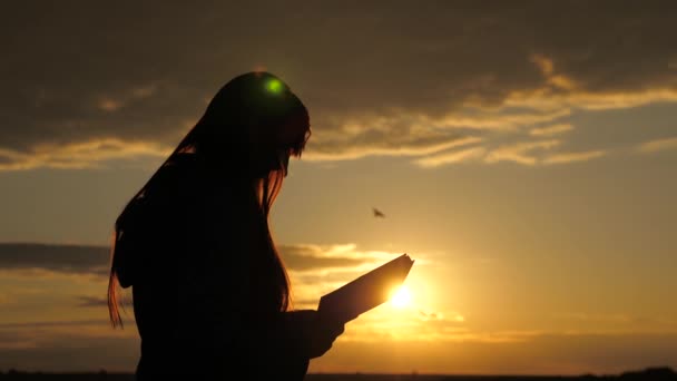 Una mujer lee un libro en rayos del sol. El hombre lee la Biblia al aire libre. Un hombre tiene la Biblia en sus manos y estudia la palabra de Dios al amanecer en la cima de la montaña. Buscando la verdad en las escrituras. — Vídeo de stock