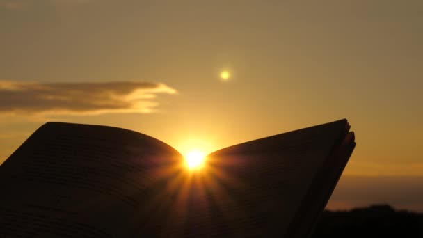Una persona lee un libro al sol. El hombre lee la Biblia al aire libre. Un hombre tiene la Biblia en sus manos y estudia la palabra de Dios al amanecer en la cima de la montaña. Buscando la verdad en las escrituras. — Vídeos de Stock