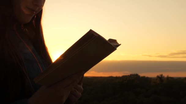 Człowiek czyta książkę na słońcu. Człowiek czyta Biblię na zewnątrz. Człowiek trzyma Biblię w rękach i studiuje Słowo Boże o wschodzie słońca na szczycie góry. Szukanie prawdy w Piśmie Świętym. — Wideo stockowe