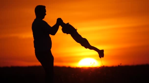 Família feliz, pai e filha num campo ao pôr-do-sol. Papai está circulando sua amada filha nos raios do sol. Pai e filha brincam juntos. Família feliz e conceito de infância saudável — Vídeo de Stock