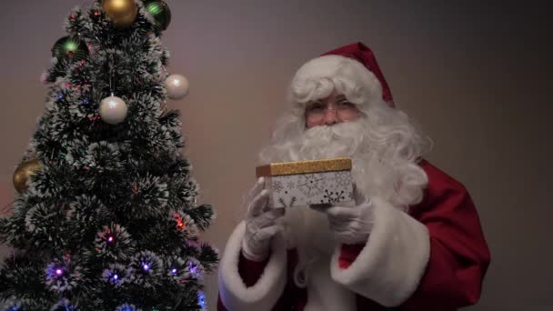 Santa Claus next to Rogetsvenskoy tree at night in room, holding out gift in front of him. Santa Claus gives audience a gift. Holidays and celebrations concept. Family winter vacation. Merry Christmas — Stock Video