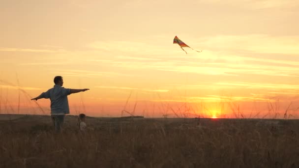公園の夕日で凧で遊んでいる彼の小さな娘とお父さん。幸せな家族だ。屋外ファミリーゲーム。父と健康な娘は多色の紙飛行機を空に打ち上げます。子供は凧を飛んでいる — ストック動画