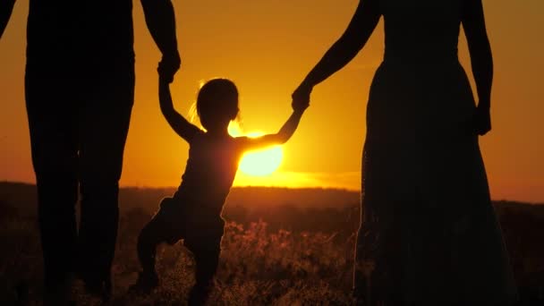 Çocuk zıplıyor, güneşin altında anne ve babanın ellerini tutuyor. Mutlu bir aile. Küçük kız gün batımında anne ve babasıyla sahada oynuyor. Doğada küçük bir çocukla yürümek. Sağlıklı çocukluk — Stok video