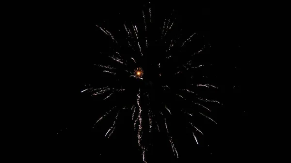 Multico hield van vuurwerk in de nachtelijke hemel. Schijnend vuurwerk met bokeh lichten aan de nachtelijke hemel. Een gloeiende vuurwerkshow. Oudejaarsavond vuurwerk vieren. Mooie gekleurde nacht explosies in zwarte lucht — Stockfoto