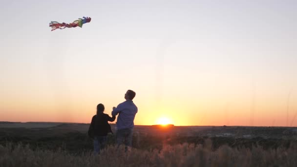 子供と父親は空中で凧揚げを楽しんでいます。幸せな家族だ。父は娘と一緒に遊び、日没時に公園で凧を打ち上げます。カラフルな紙飛行機を空に打ち上げた家族 — ストック動画