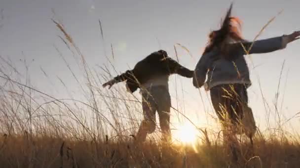 Heureux homme de famille et femme tenant la main courent ensemble à travers le champ et l'herbe au soleil. Un couple joyeux de gars et de filles amoureux voyagent, courent et sautent sur l'herbe. Couple dans la nature court à travers le champ au coucher du soleil — Video