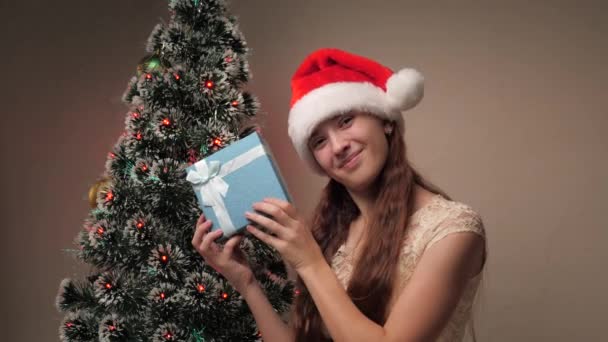 Dziewczyna trzyma pudełko świąteczne w rękach, raduje się i uśmiecha. Rodzinne wakacje i uroczystości, zima. Wesołych Świąt. Dziewczyna w kapeluszu Świętego Mikołaja trzyma prezent obok choinki. — Wideo stockowe