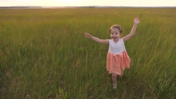 Bonne petite fille court à travers un champ vert avec les bras tendus. L'enfant aime l'air frais rit et applaudit ses mains. Un enfant joyeux court sur l'herbe verte. — Video