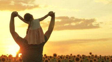Mutlu aile babası ve kızı gün ışığında sahada oynuyorlar. Bir çiftçinin omuzlarında küçük bir kız çocuğu. Güzel bir gün batımının ışınları altında bir ayçiçeği tarlasında yürüyor. Sevgi dolu bir ailenin yolculuğu