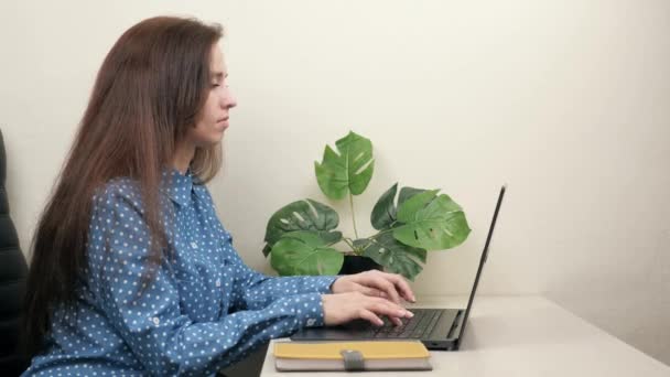 사업을 하는 여성이 노트북 키보드로 글자를 치고 있습니다. 컴퓨터로 일하는 사업가의 여성 손이죠. 집무실 책상에 앉아 인터넷으로 일하는 여성. 사무실에 있는 한 여자가 현대식 컴퓨터로 일하고 있다. — 비디오