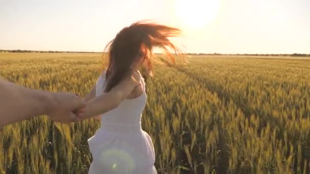 Una mujer y un hombre despreocupados corren por un campo de trigo tomados de la mano bajo el sol del verano. Una familia de agricultores. Una chica y un chico viajan a través de un campo de trigo. Relación romántica libre de una pareja enamorada — Vídeos de Stock