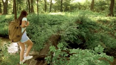 Genç bir kadın gezgin nehrin karşısındaki devrilmiş bir ağaç boyunca yürüyor. Özgür kız turist, kütüklerden yapılmış bir köprüde nehri geçiyor. Sırt çantasıyla ormanda yürüyüş yapmak, yürüyüşe çıkmak. Sağlıklı yaşam tarzı, macera.