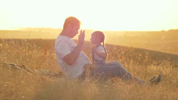 Papà gioca con la sua figlioletta tra le braccia, sdraiato sull'erba nel parco. Padre e amato bambino si divertono insieme. Felice concetto di famiglia. Lavoro di squadra. Baby e papà si stanno divertendo nel parco. Cammina all'aperto — Video Stock