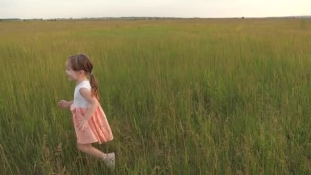 Bambino gioca con la madre, e corre su erba verde nel parco, ridendo e gioendo. Il bambino prende una farfalla nel prato in primavera. Felice bambina corre attraverso il campo verde con le braccia tese. — Video Stock