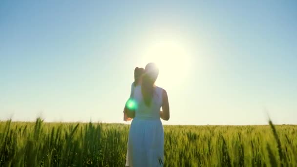 Mãe e filhinha estão andando em um campo de trigo verde, abraçando e beijando. Uma criança e mãe estão andando no campo de trigo. Feliz viagem em família. O bebé está nos braços das mães. Mulher agricultora e criança no campo — Vídeo de Stock