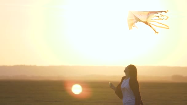 Mädchen spielt mit einem bunten Drachen auf Feld in Sonnenstrahlen. Teenager träumt davon zu fliegen und Pilot zu werden. Farbige Drachen hängen in der Luft. Drachenfest. Kind und fliegender Drachen bei Sonnenuntergang im Sommer. — Stockvideo