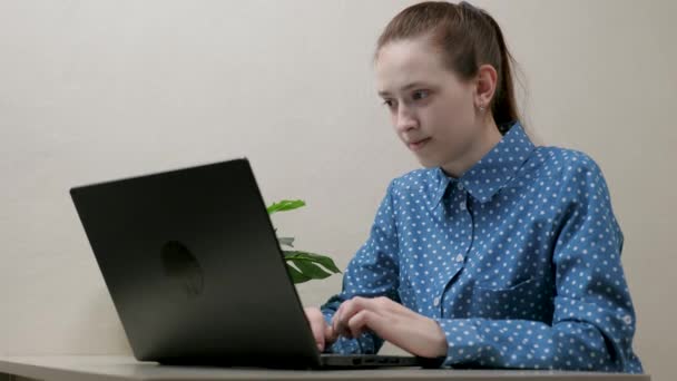 Žena na volné noze pracuje na moderním počítači. Obchodní žena píše text na klávesnici notebooku. Ženské ruce podnikatelky pracující na počítači. Žena sedí doma na stole, pracuje online — Stock video