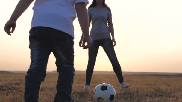 牧草地の夕日で家族が元気にサッカーをします。公園でボールを楽しんでいる子供やお母さんの幸せな家族。幼い娘が野球場でサッカーボールを蹴り母親の方へ転がる. — ストック動画