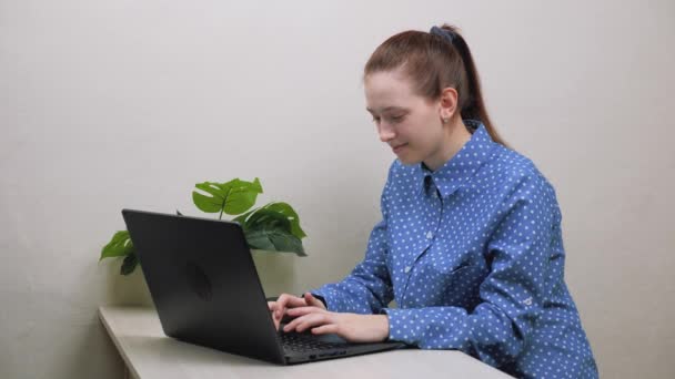 学生の女の子はコンピュータに取り組んでいます。若い女性は自宅のオフィスの机に座って、オンラインで働いています。オフィスのフリーランスの女性は、現代のコンピュータ上で動作します。ノートパソコンのキーボードでテキストを入力するビジネス女性. — ストック動画